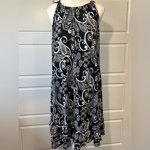 Paisley Ruffle Hem Midi Dress Sleeveless Black White Print Casual Size‎ XL - Picture 1 of 8